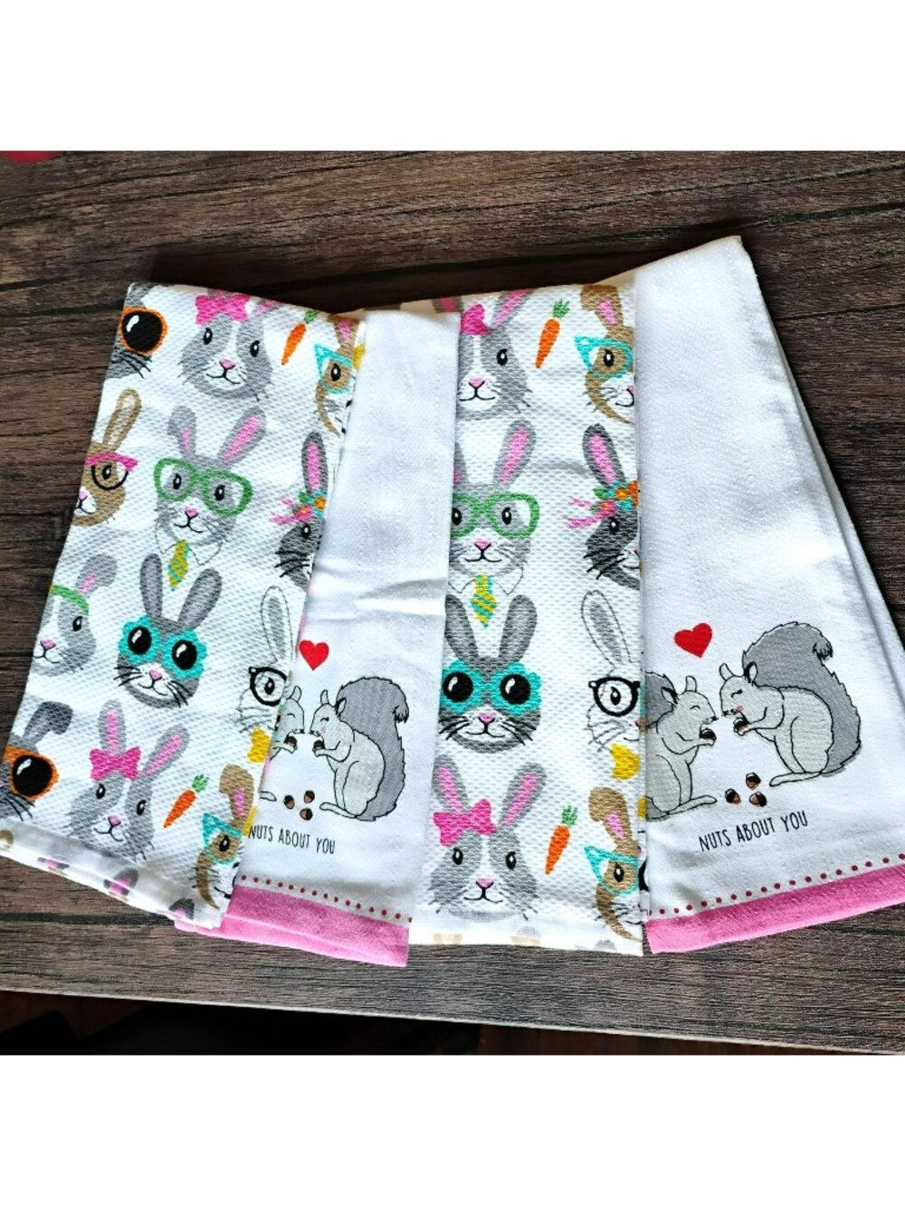 Set of 4 Easter Spring Kitchen Towels, Bunny Glasses Squirrels, Whimsical NEW